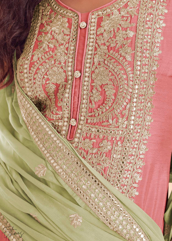 Dusty Pink Chinon Embroidered Palazzo Suit