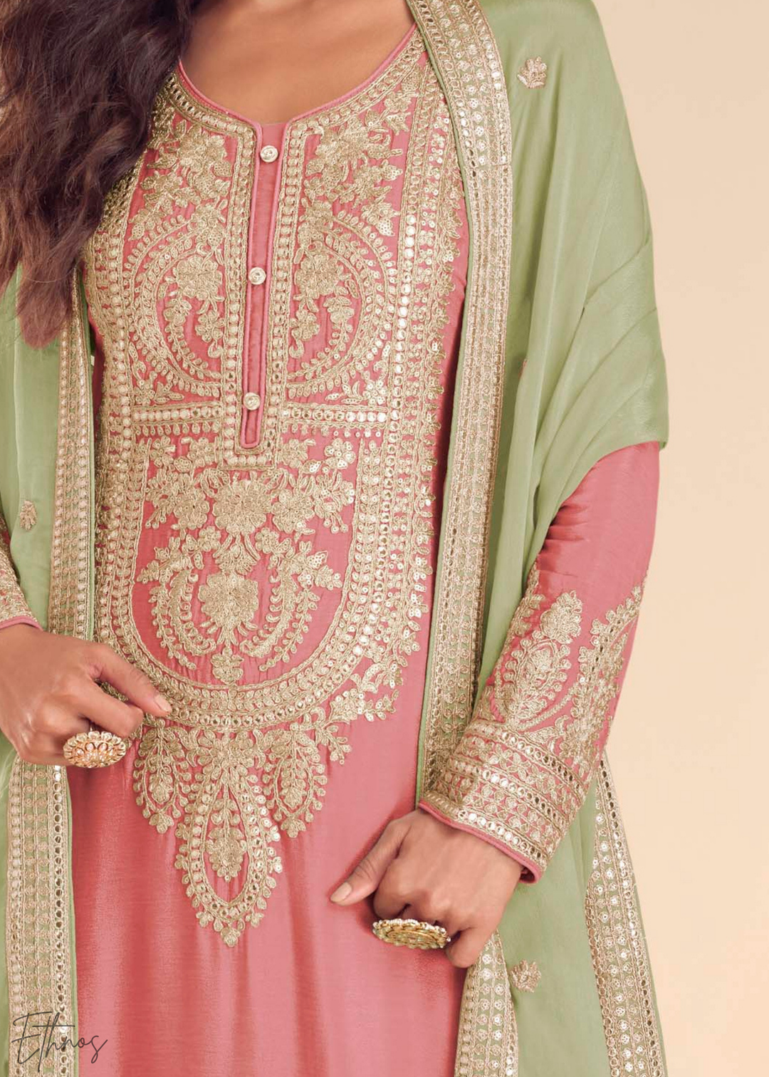 Dusty Pink Chinon Embroidered Palazzo Suit