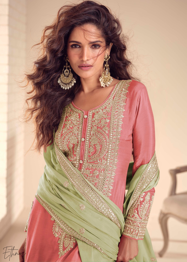 Dusty Pink Chinon Embroidered Palazzo Suit