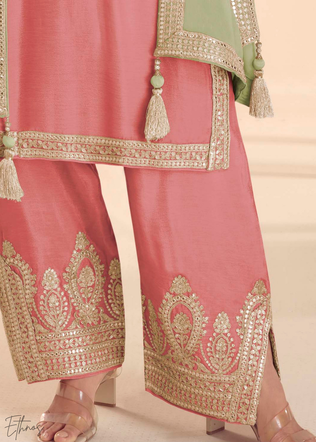 Dusty Pink Chinon Embroidered Palazzo Suit