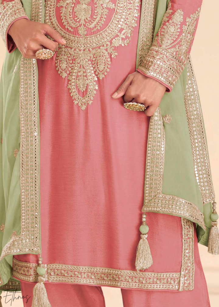 Dusty Pink Chinon Embroidered Palazzo Suit