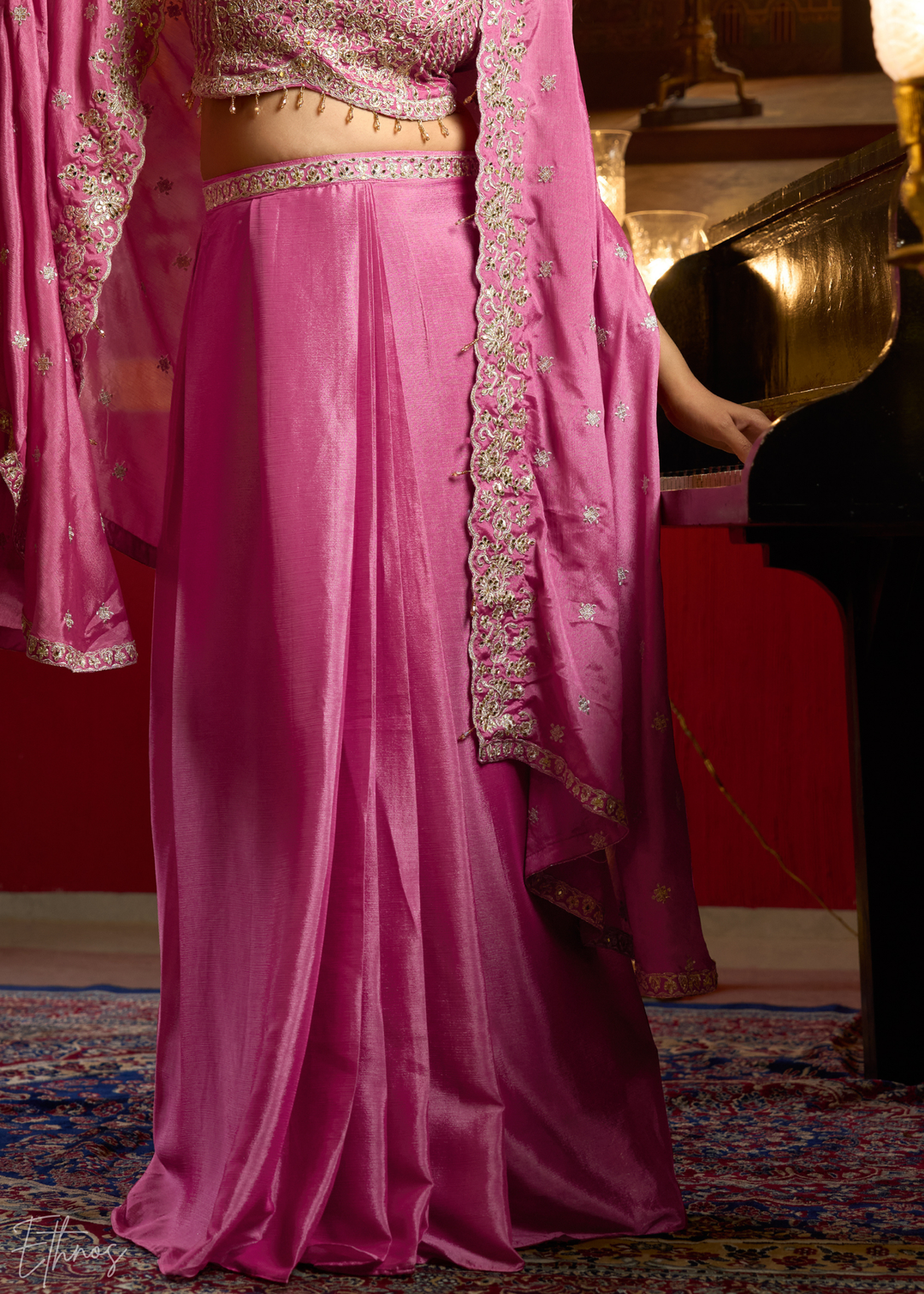Dusty Pink Chinon Shrug Choli Skirt Set