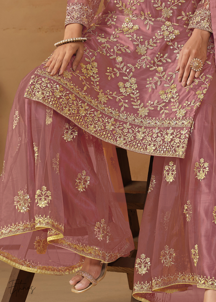 Dusty Pink Dori Embroidered Net Sharara Suit