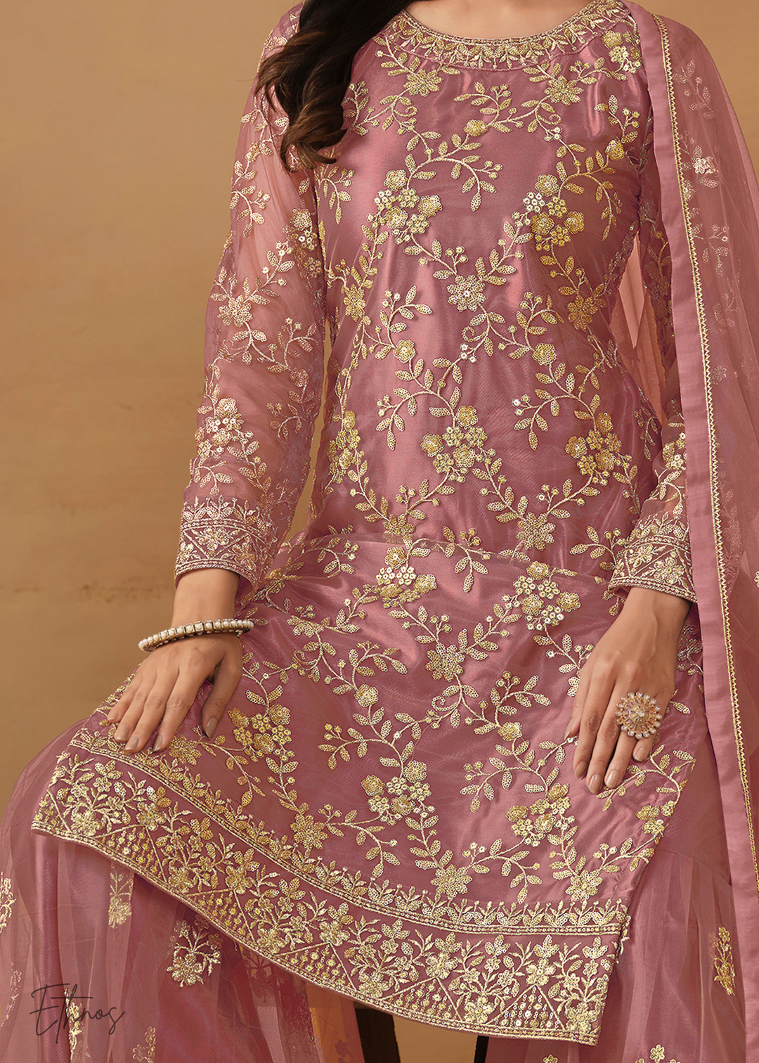 Dusty Pink Dori Embroidered Net Sharara Suit