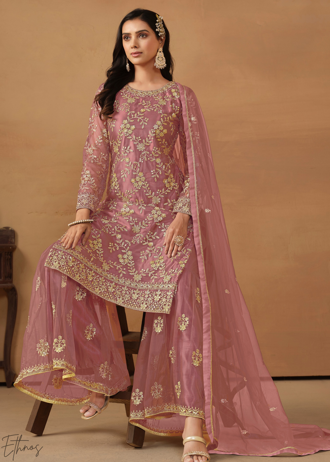 Dusty Pink Dori Embroidered Net Sharara Suit