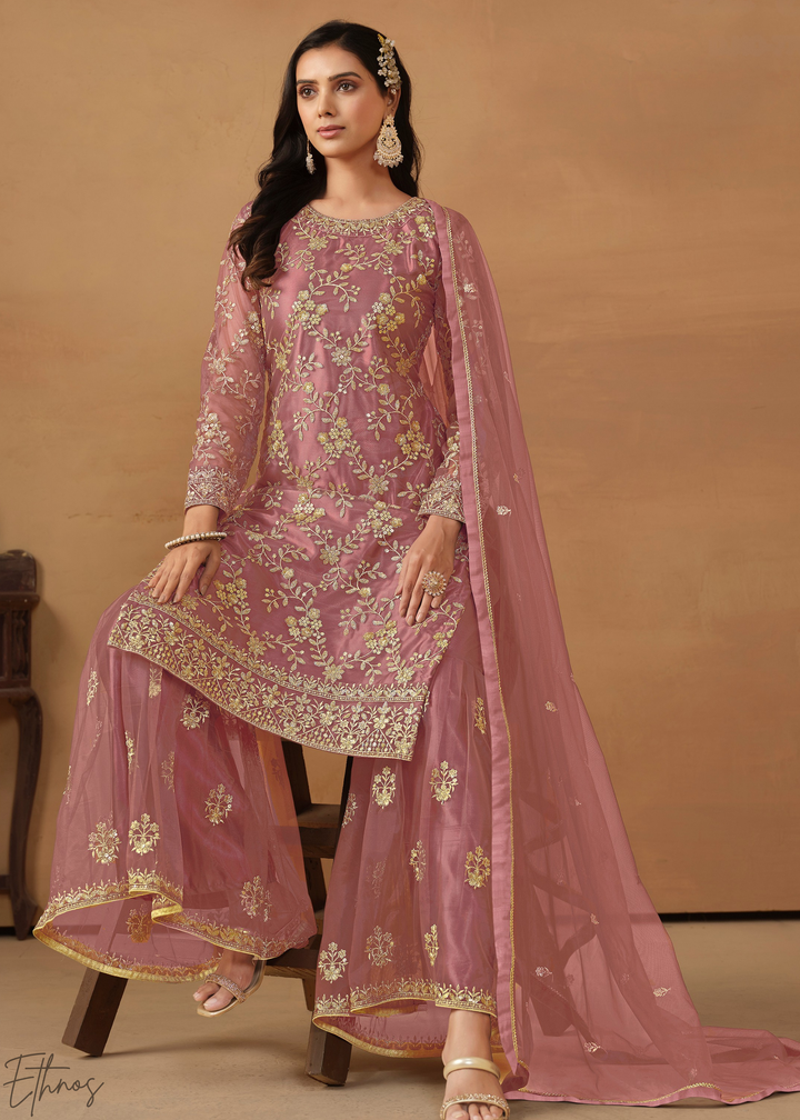 Dusty Pink Dori Embroidered Net Sharara Suit