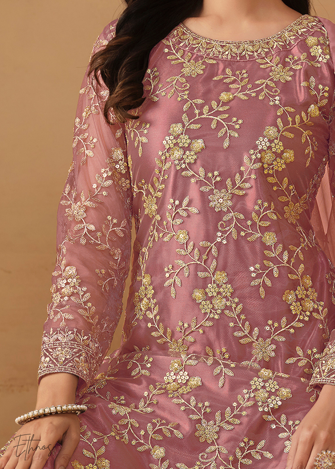 Dusty Pink Dori Embroidered Net Sharara Suit