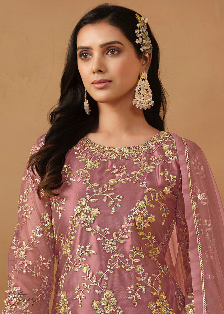 Dusty Pink Dori Embroidered Net Sharara Suit