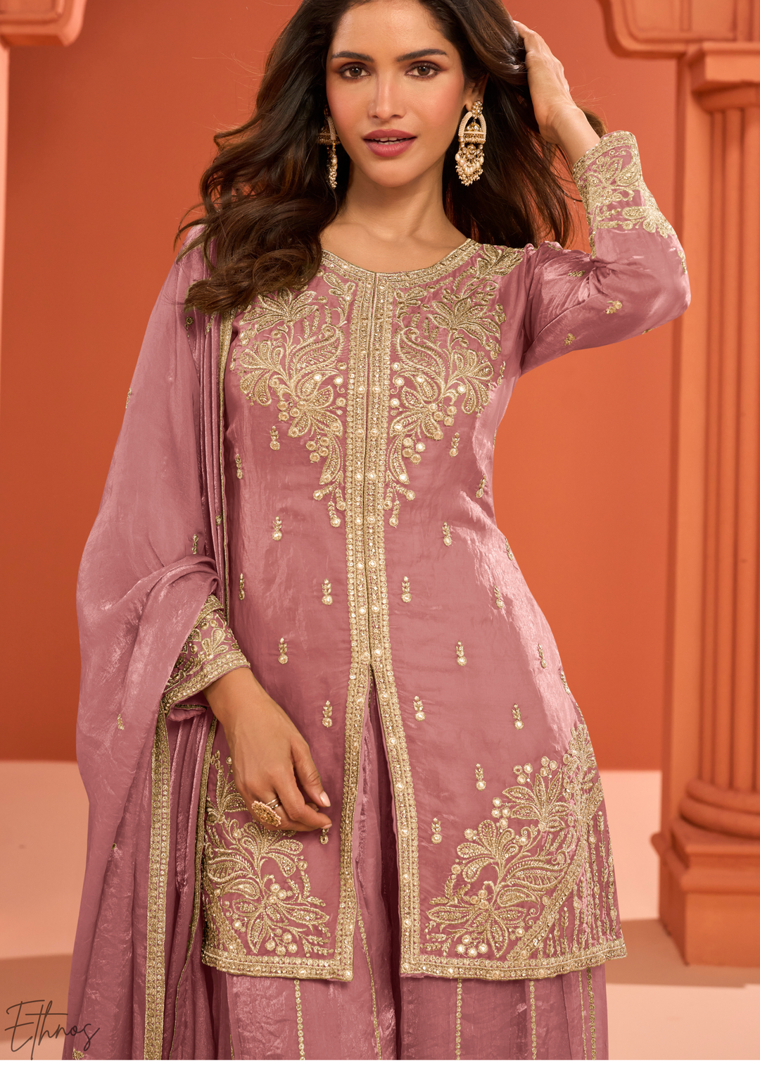 Dusty Pink Embroidered Fandy Silk Palazzo Suit