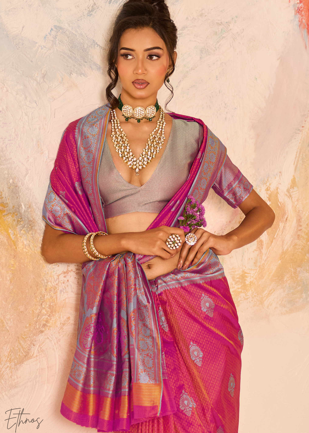 Dusty Pink Jacquard Kanjivaram Silk Saree