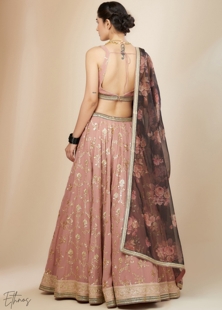 Dusty Pink Sequins Georgette Lehenga
