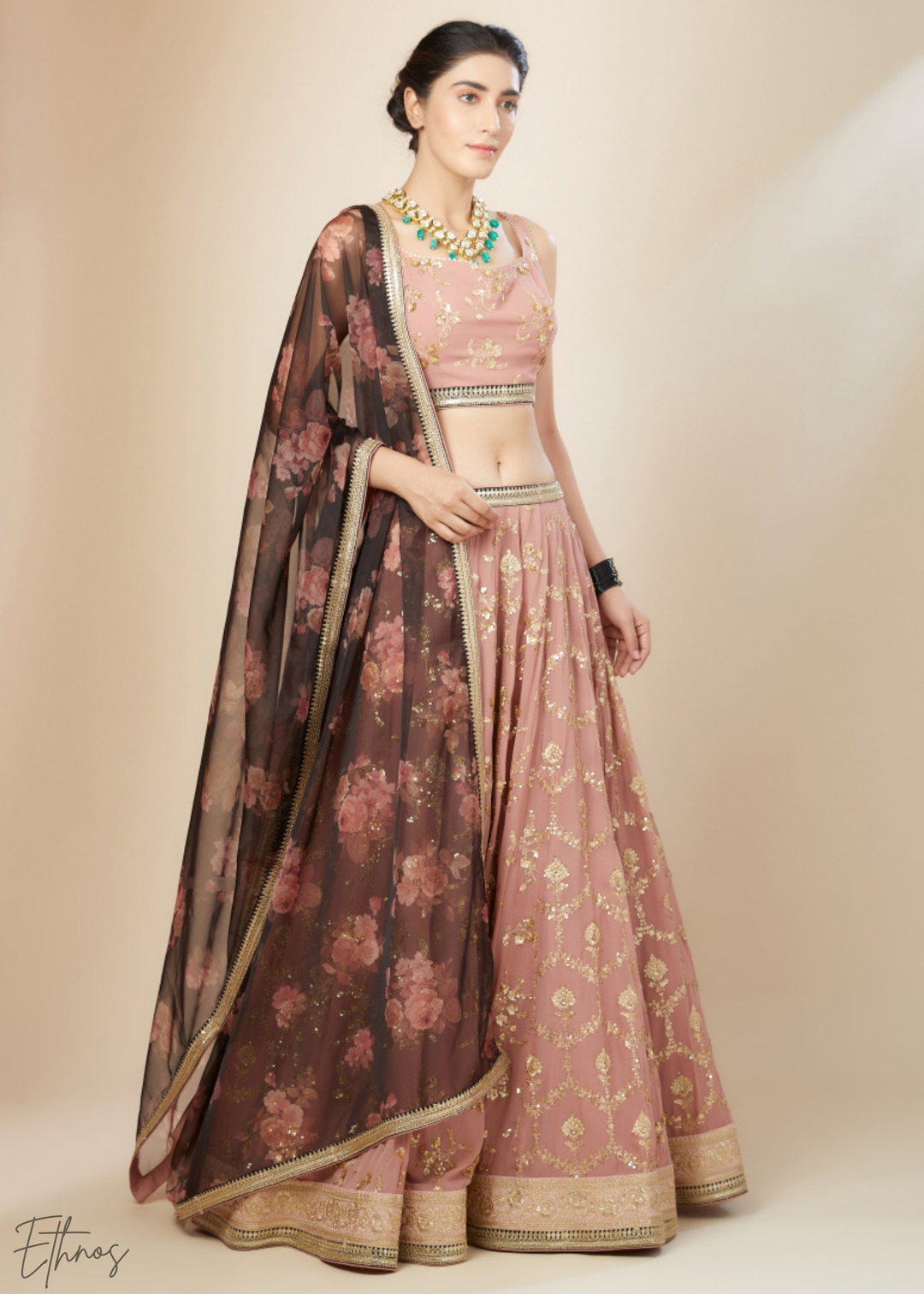 Dusty Pink Sequins Georgette Lehenga
