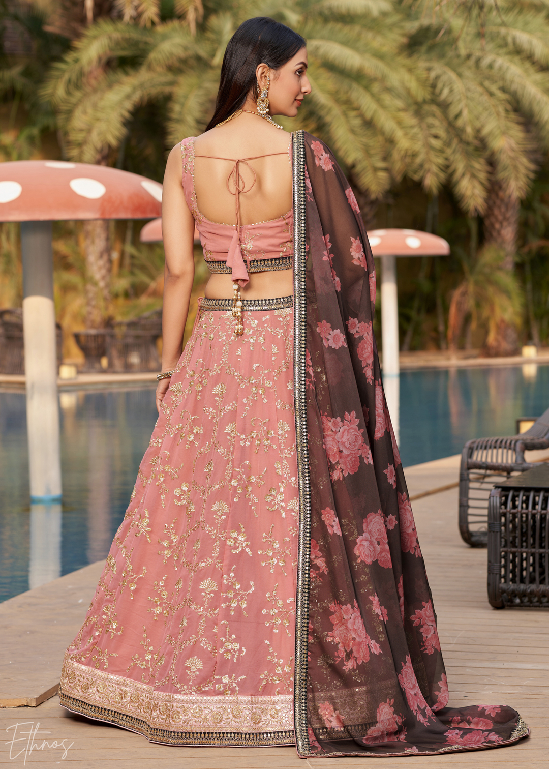 Dusty Pink & Black Sequins Georgette Lehenga
