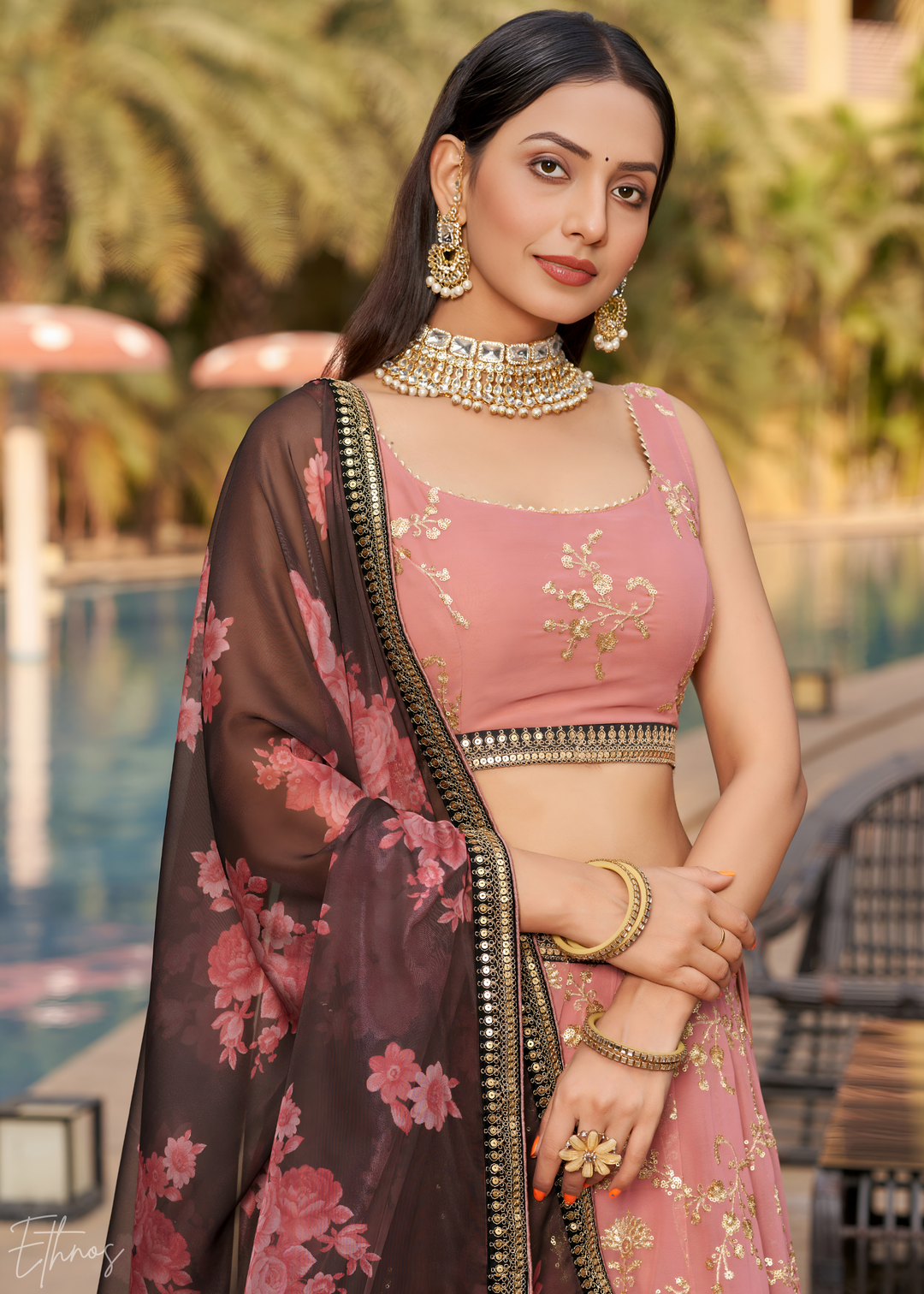 Dusty Pink & Black Sequins Georgette Lehenga