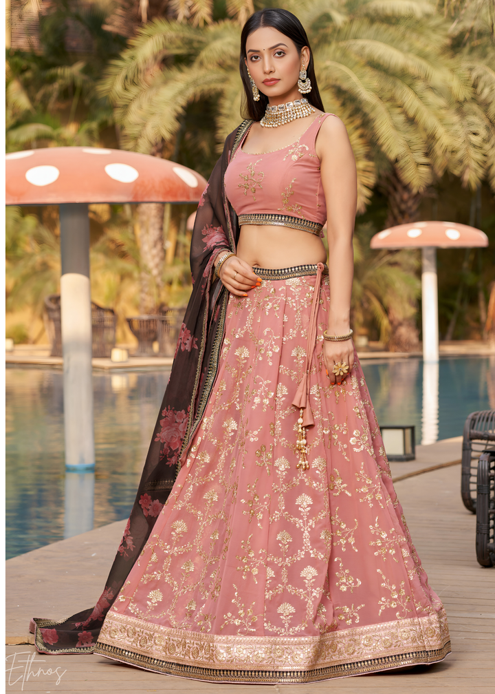 Dusty Pink & Black Sequins Georgette Lehenga