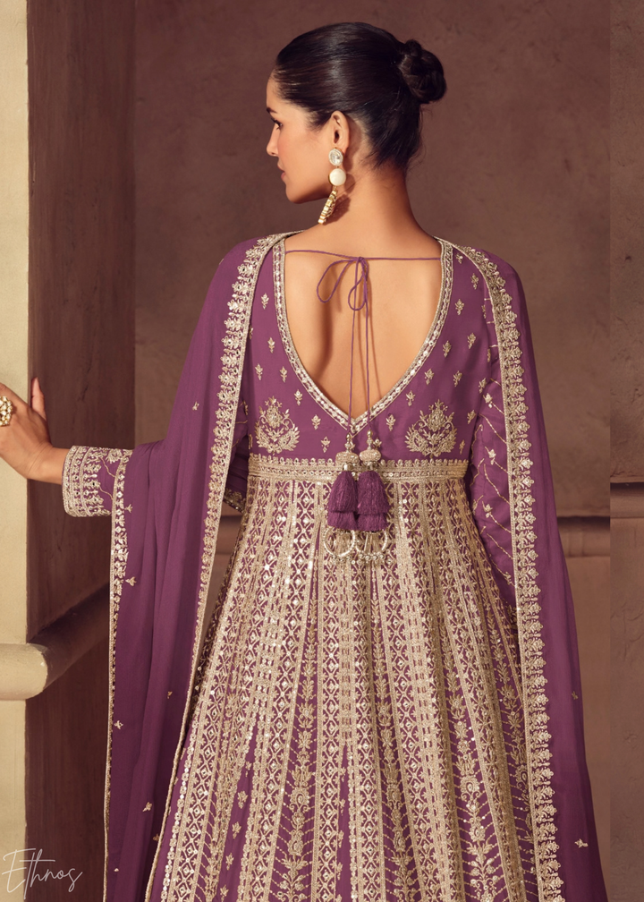 Dusty Plum Purple Floral-Embroidered Chinon Anarkali Gown Set