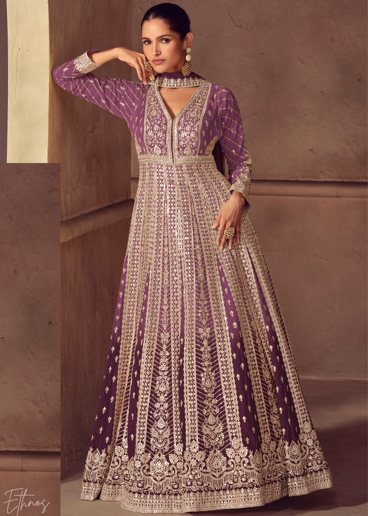 Dusty Plum Purple Floral-Embroidered Chinon Anarkali Gown Set