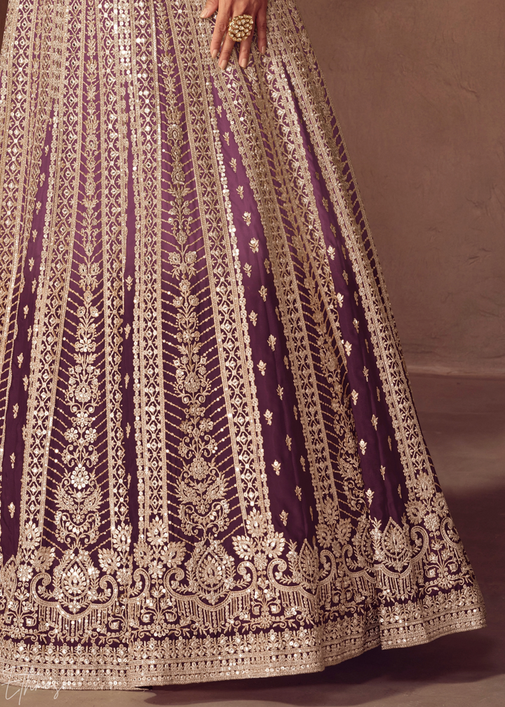 Dusty Plum Purple Floral-Embroidered Chinon Anarkali Gown Set