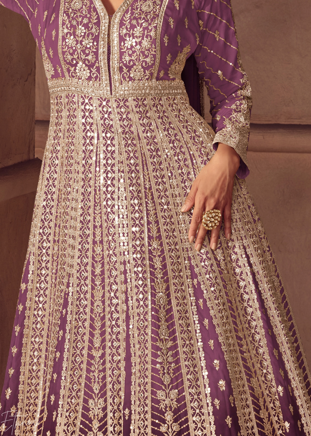 Dusty Plum Purple Floral-Embroidered Chinon Anarkali Gown Set