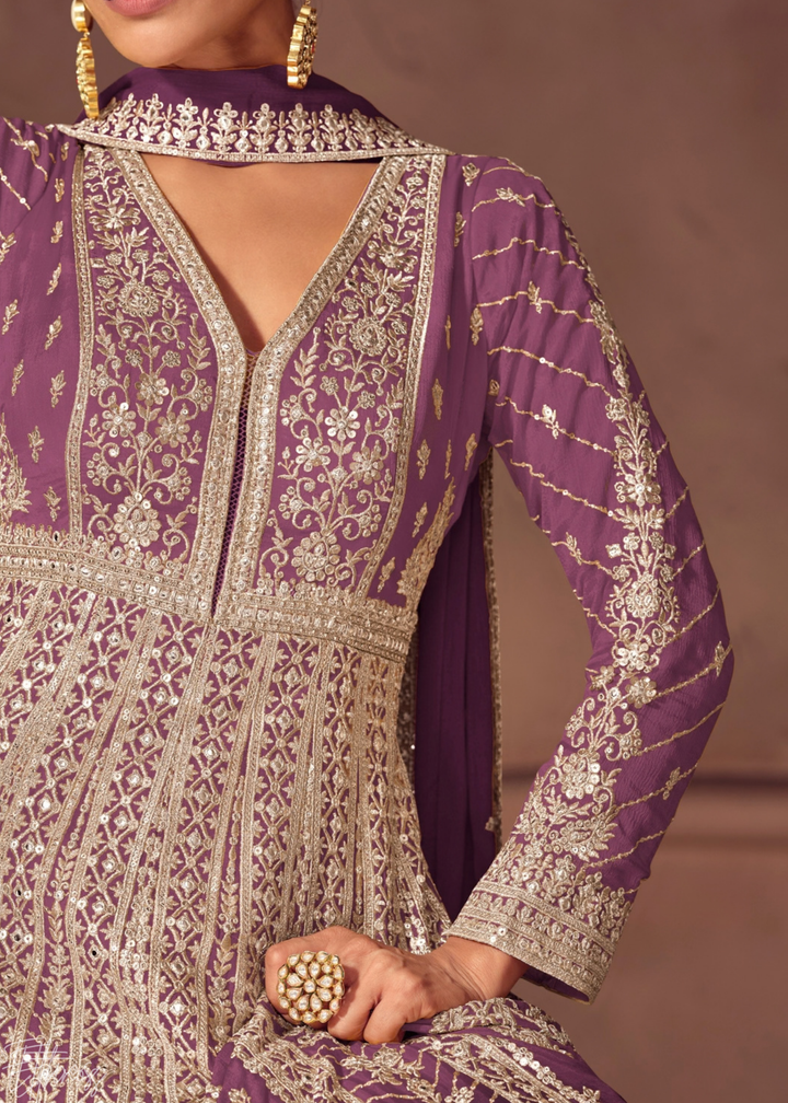 Dusty Plum Purple Floral-Embroidered Chinon Anarkali Gown Set