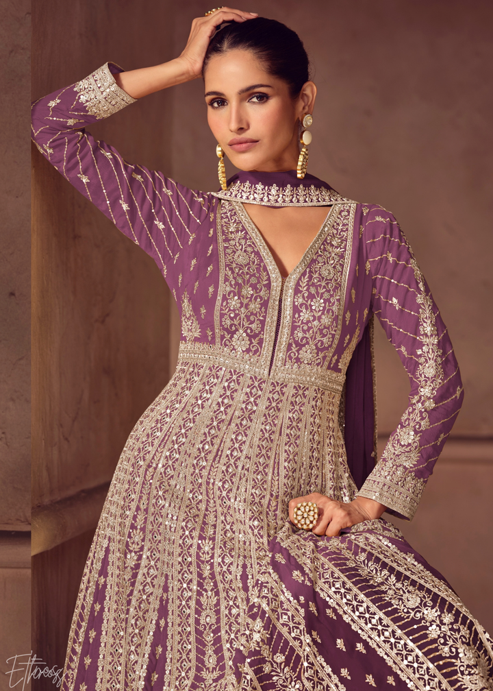 Dusty Plum Purple Floral-Embroidered Chinon Anarkali Gown Set