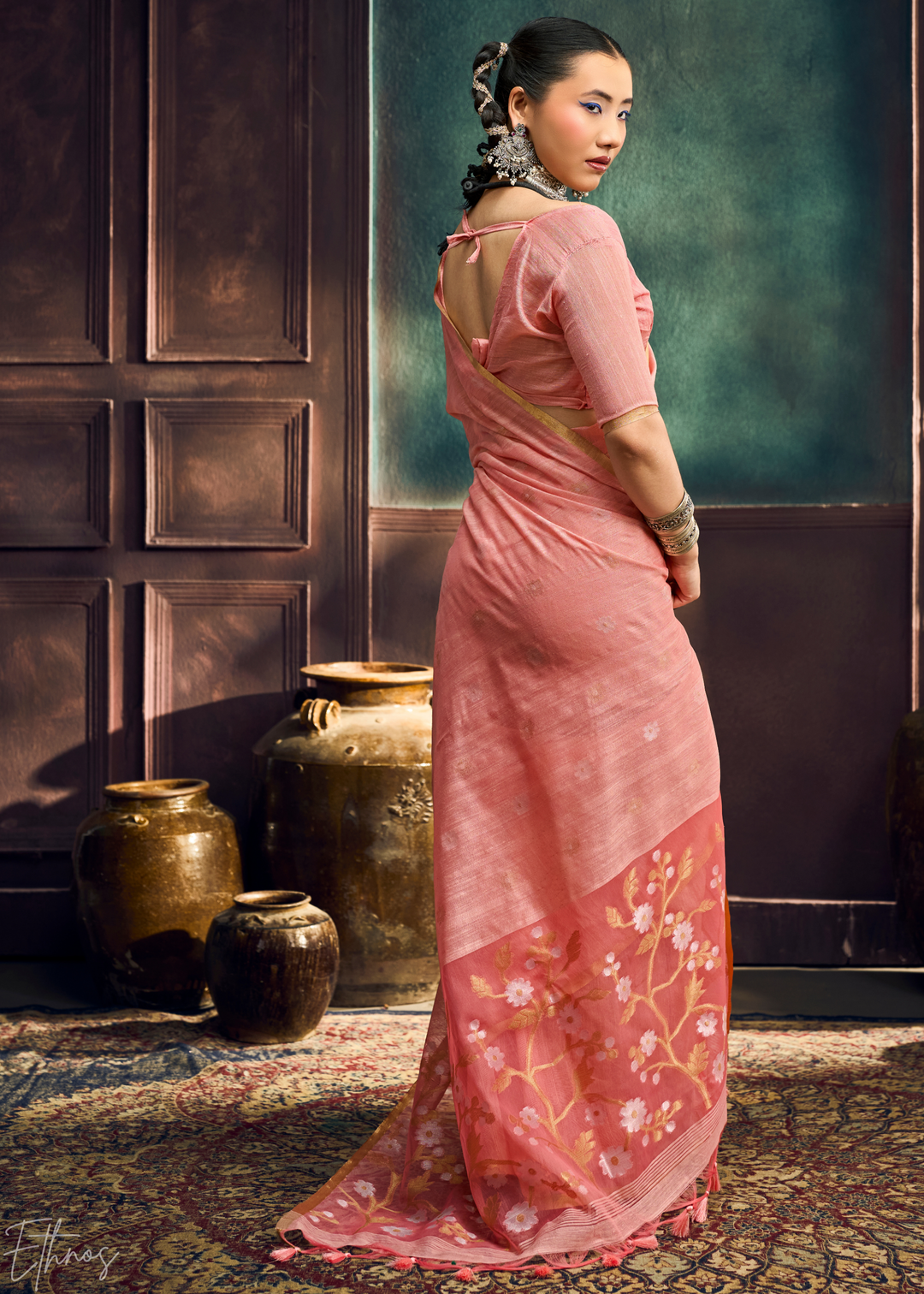 Dusty Rose Artisan Floral Weave Munga Cotton Saree