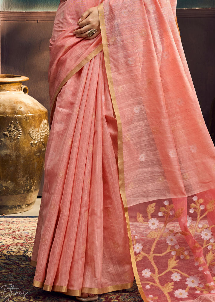 Dusty Rose Artisan Floral Weave Munga Cotton Saree