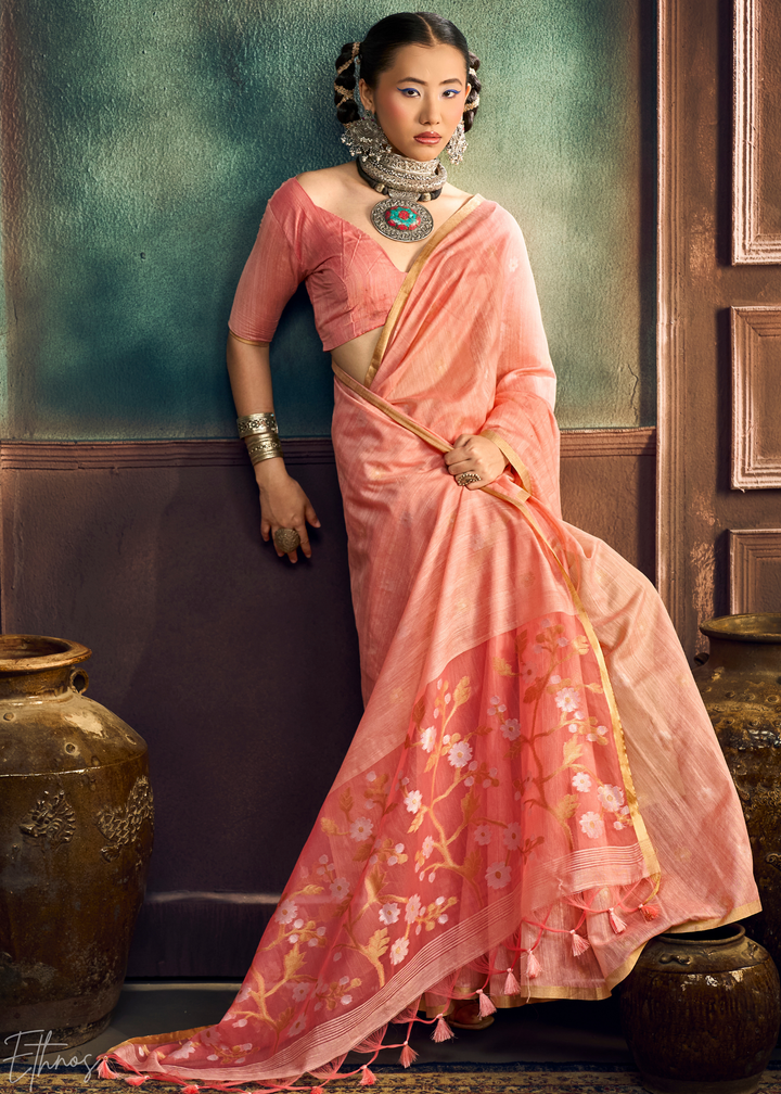 Dusty Rose Artisan Floral Weave Munga Cotton Saree