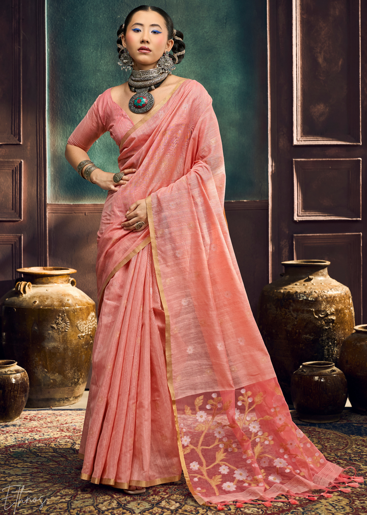 Dusty Rose Artisan Floral Weave Munga Cotton Saree