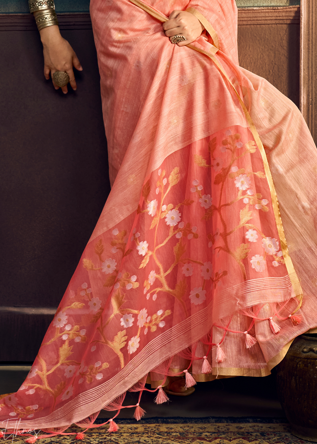 Dusty Rose Artisan Floral Weave Munga Cotton Saree
