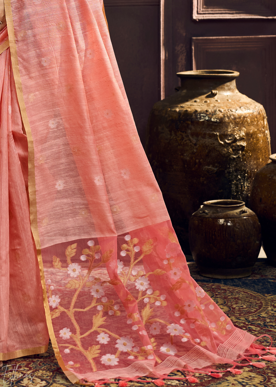 Dusty Rose Artisan Floral Weave Munga Cotton Saree
