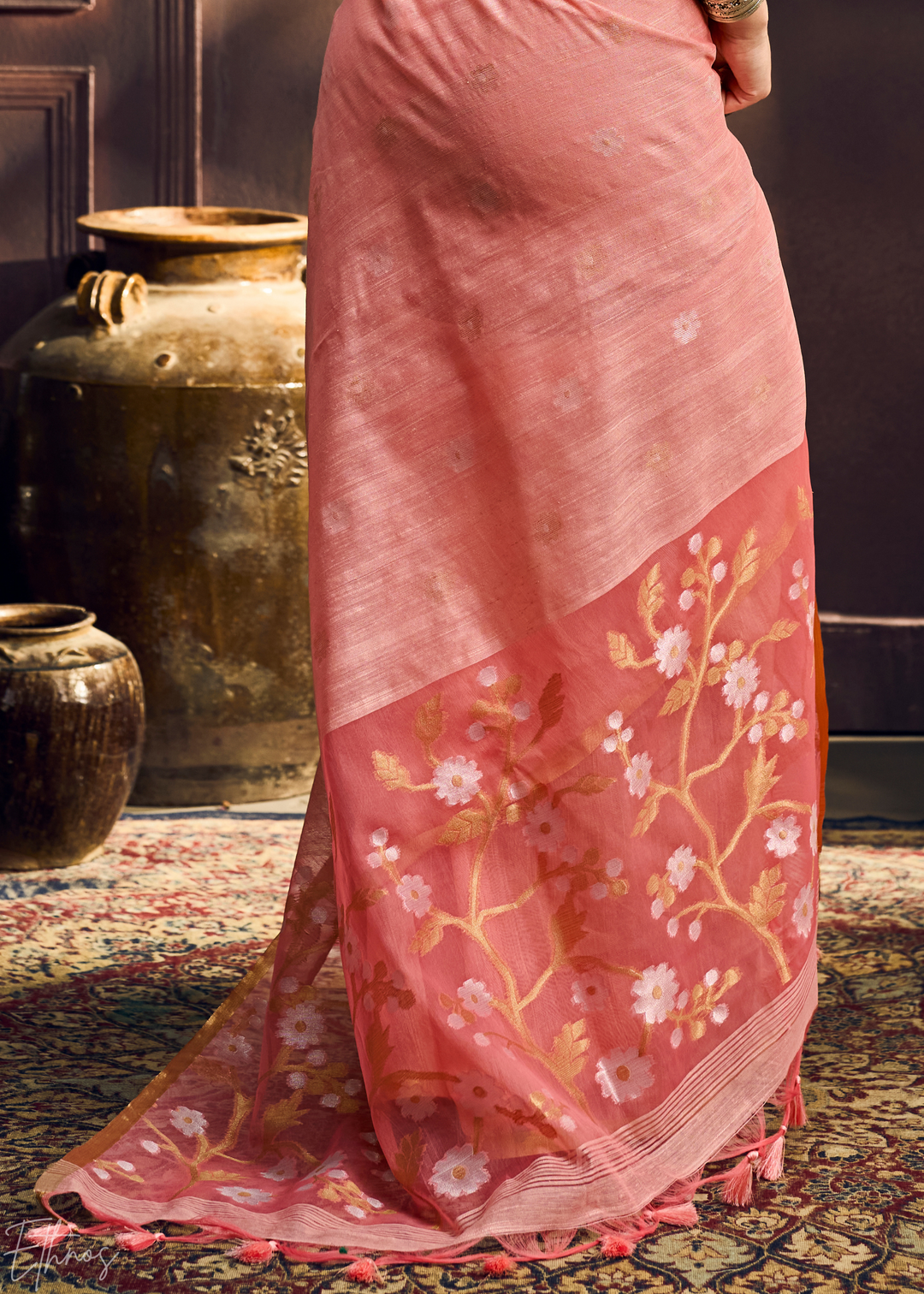 Dusty Rose Artisan Floral Weave Munga Cotton Saree