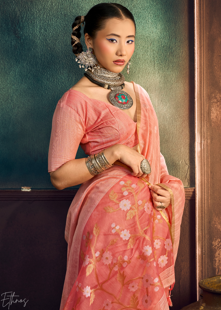 Dusty Rose Artisan Floral Weave Munga Cotton Saree