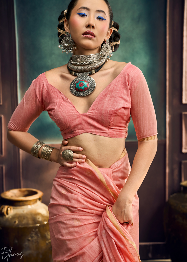 Dusty Rose Artisan Floral Weave Munga Cotton Saree