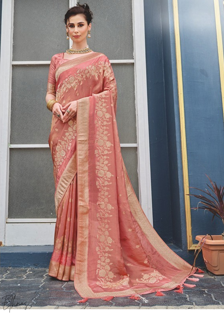 Dusty Rose Gilded-Floral HO Viscose Silk Saree