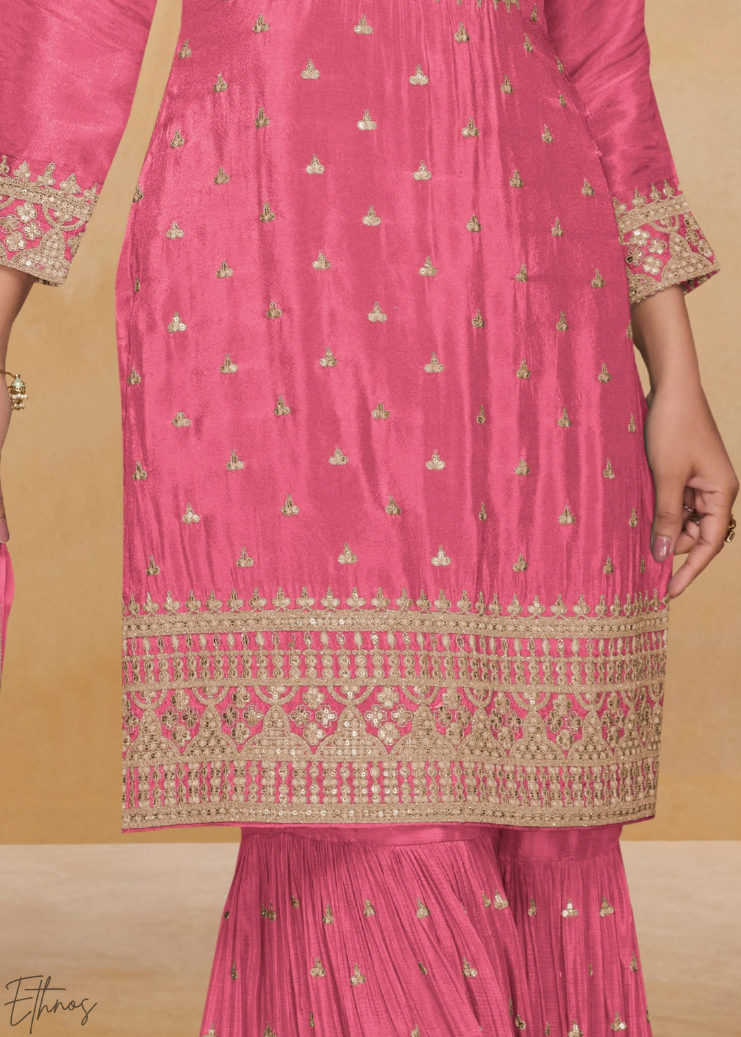 Dusty Rose Golden Motif Chinon Sharara Suit