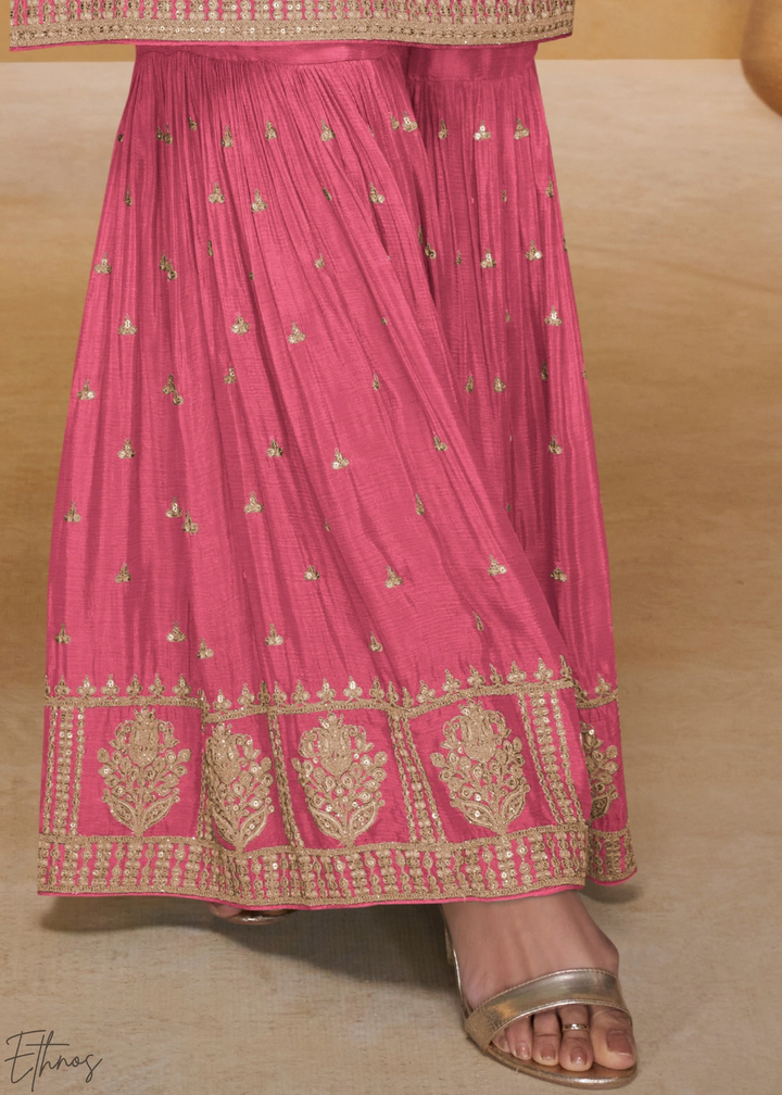 Dusty Rose Golden Motif Chinon Sharara Suit