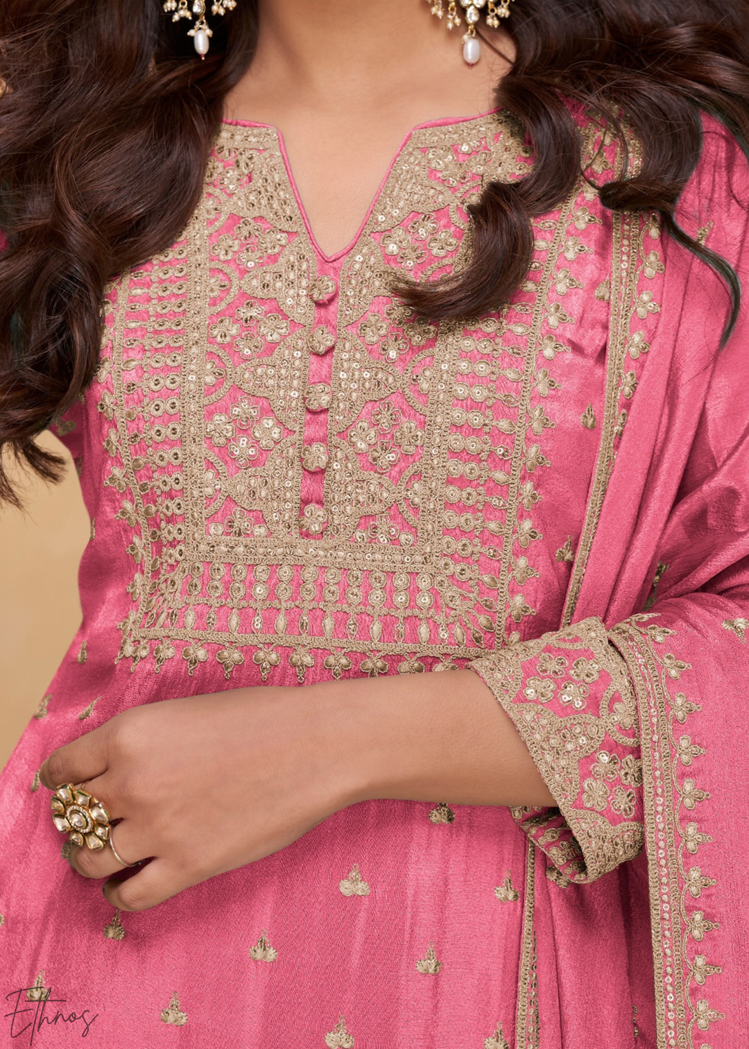 Dusty Rose Golden Motif Chinon Sharara Suit
