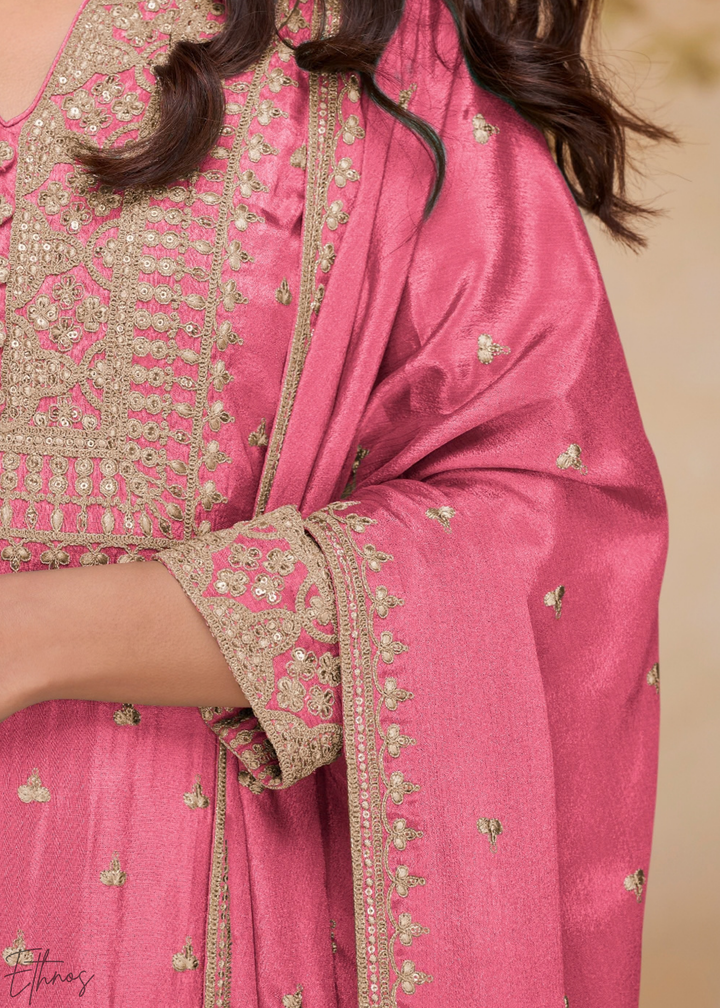 Dusty Rose Golden Motif Chinon Sharara Suit