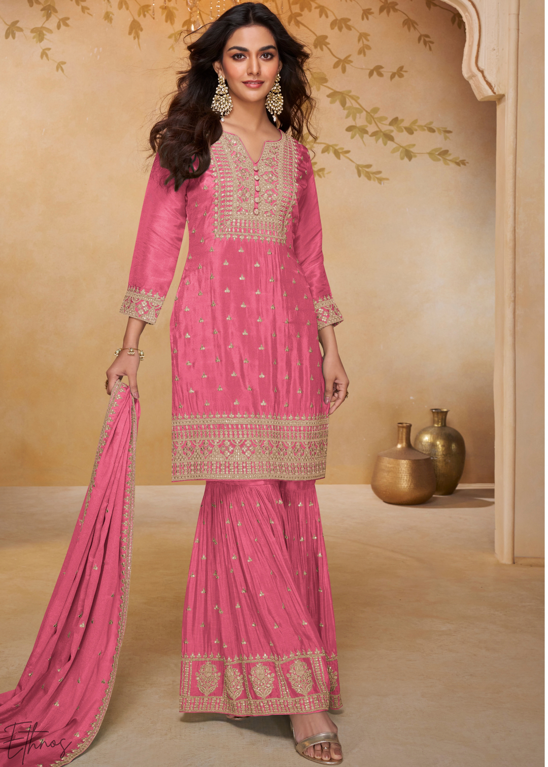 Dusty Rose Golden Motif Chinon Sharara Suit
