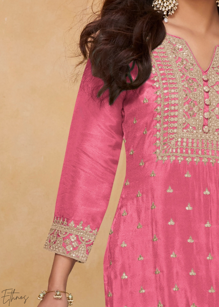 Dusty Rose Golden Motif Chinon Sharara Suit