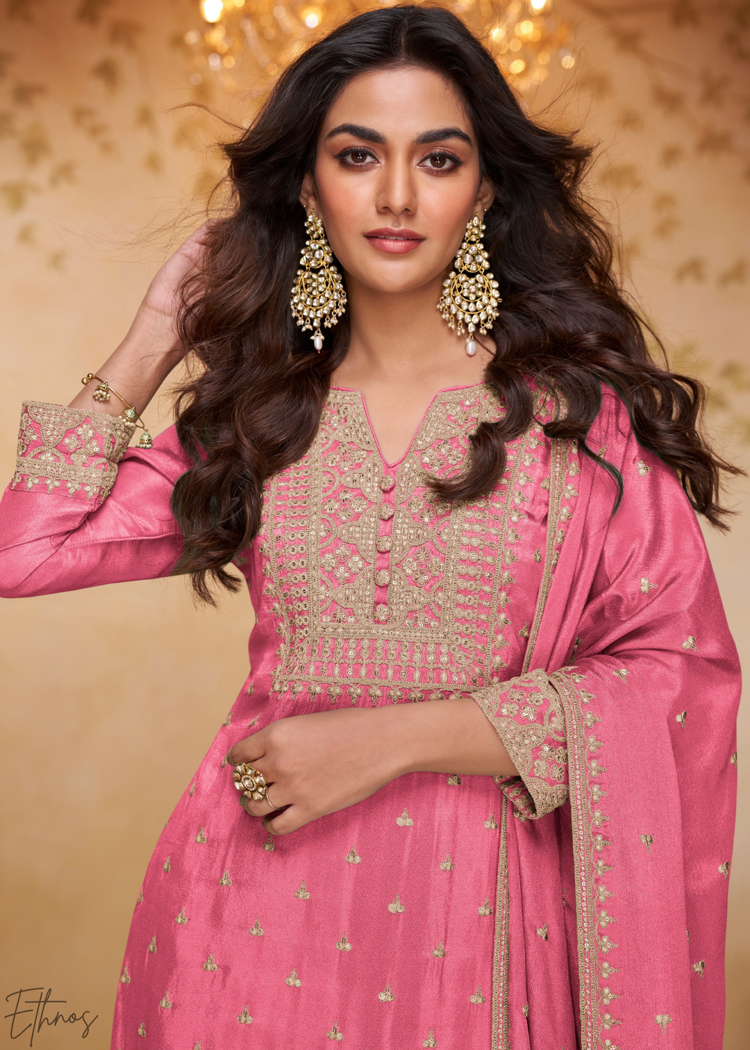 Dusty Rose Golden Motif Chinon Sharara Suit