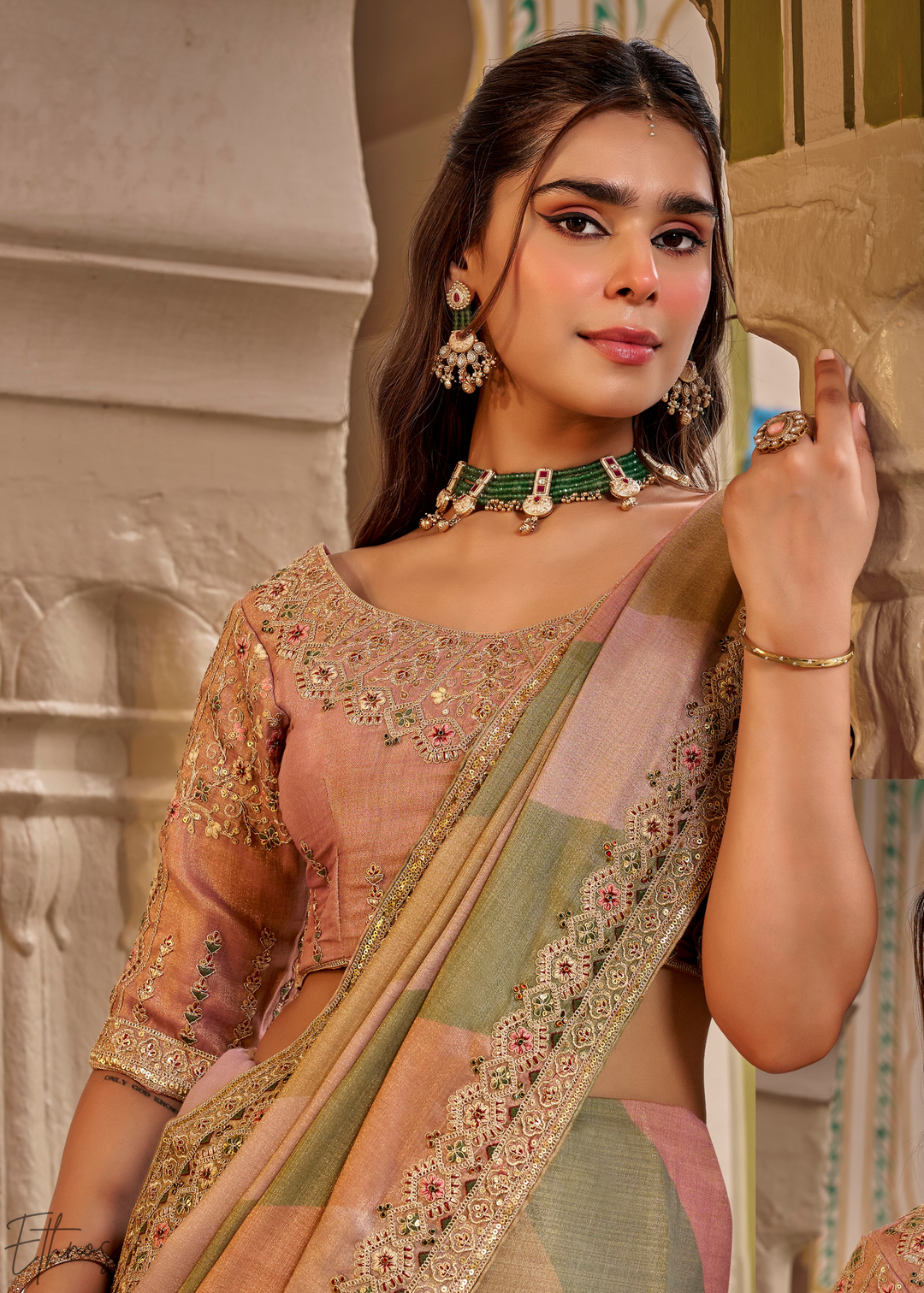 Dusty Rose Multi-Shade Border Embroidered Silk Saree