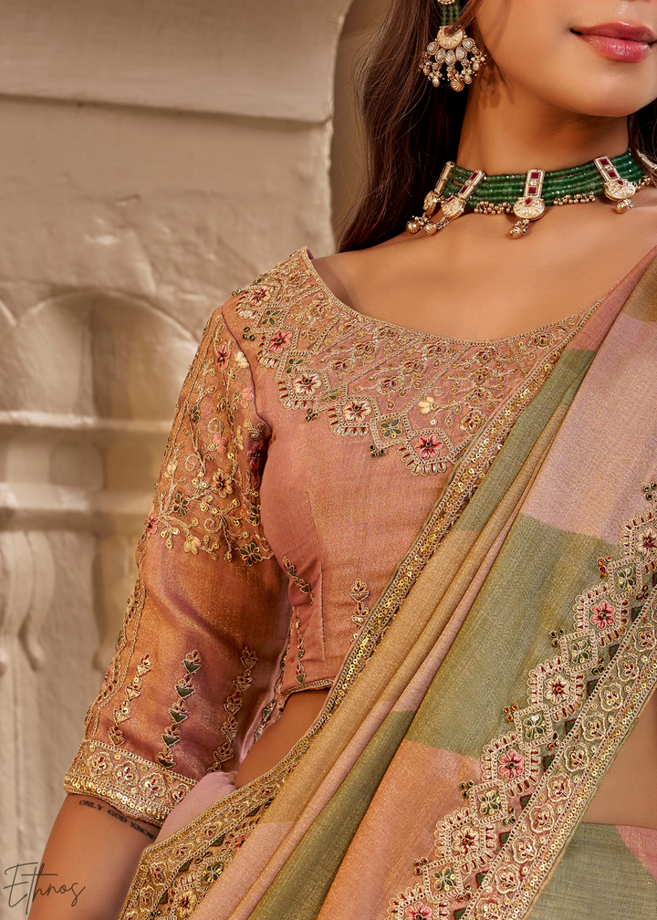 Dusty Rose Multi-Shade Border Embroidered Silk Saree