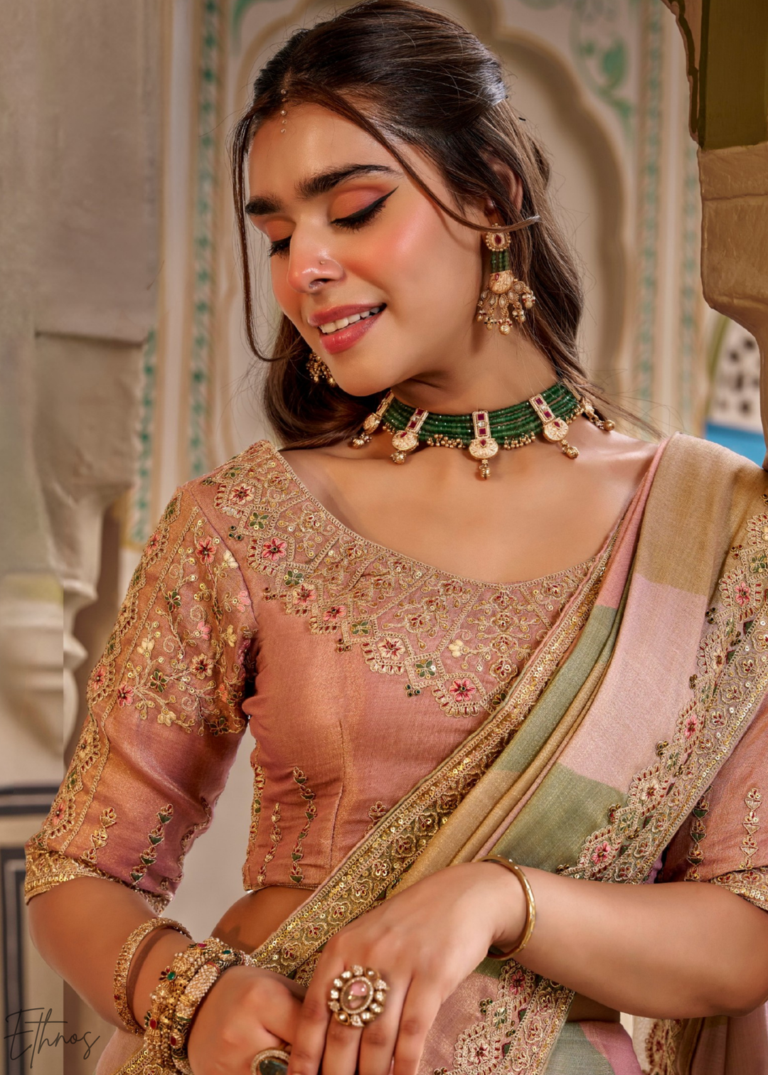 Dusty Rose Multi-Shade Border Embroidered Silk Saree