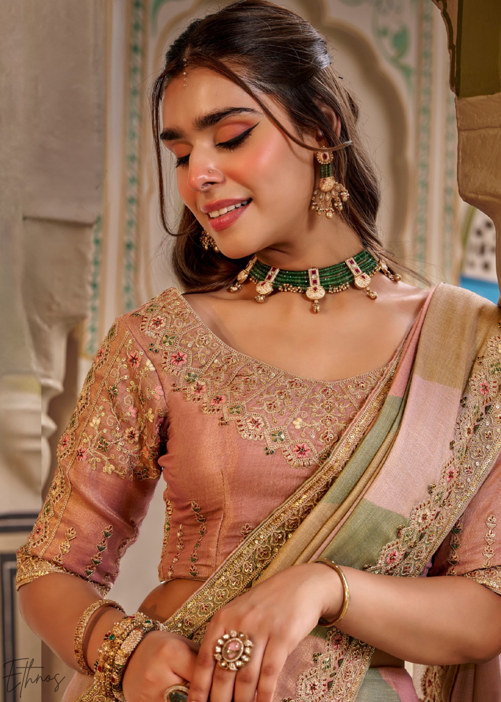 Dusty Rose Multi-Shade Border Embroidered Silk Saree
