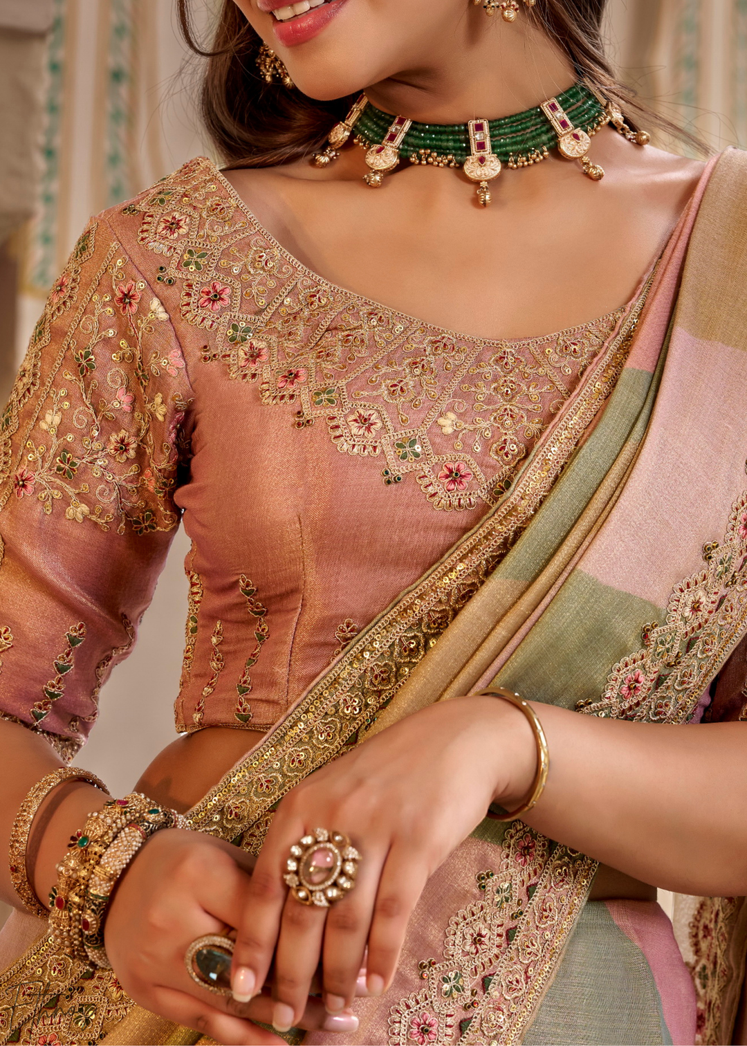 Dusty Rose Multi-Shade Border Embroidered Silk Saree