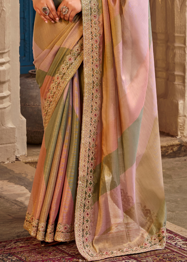 Dusty Rose Multi-Shade Border Embroidered Silk Saree