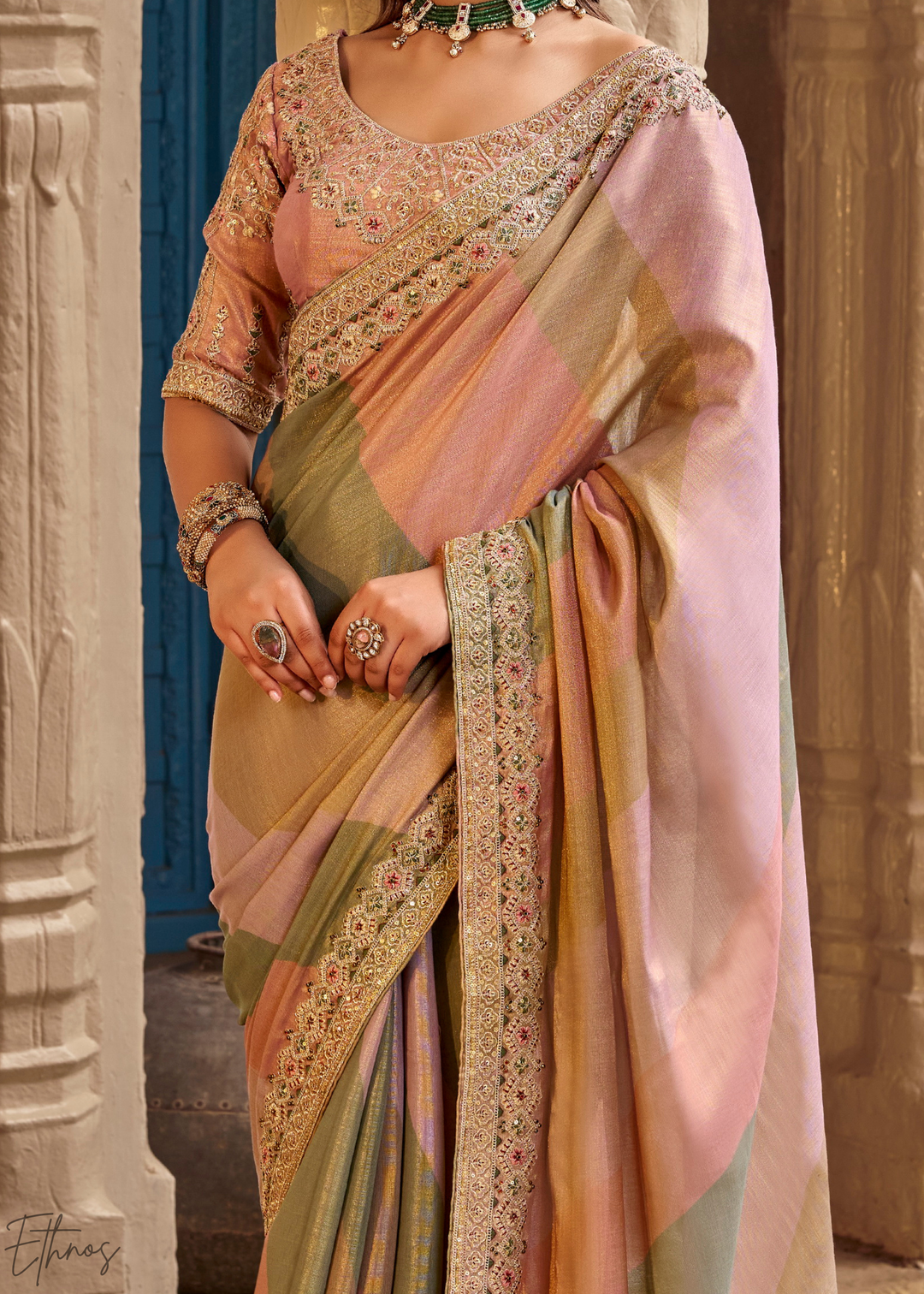 Dusty Rose Multi-Shade Border Embroidered Silk Saree