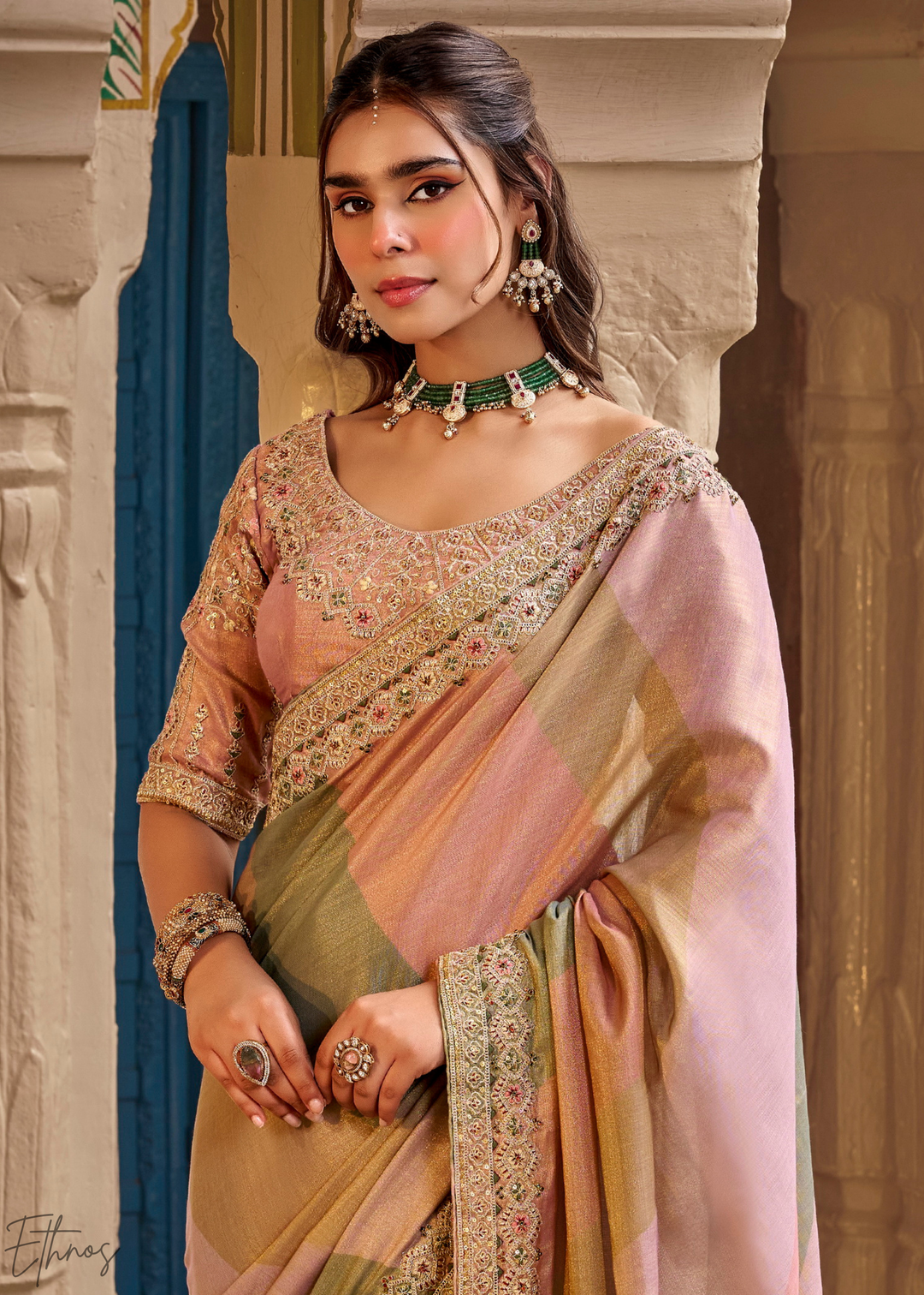 Dusty Rose Multi-Shade Border Embroidered Silk Saree